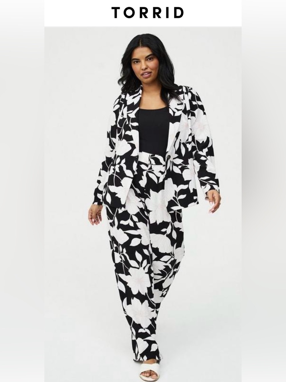 torrid Black & White Floral Linen-Blend Blazer & Wide Leg Trouser Set